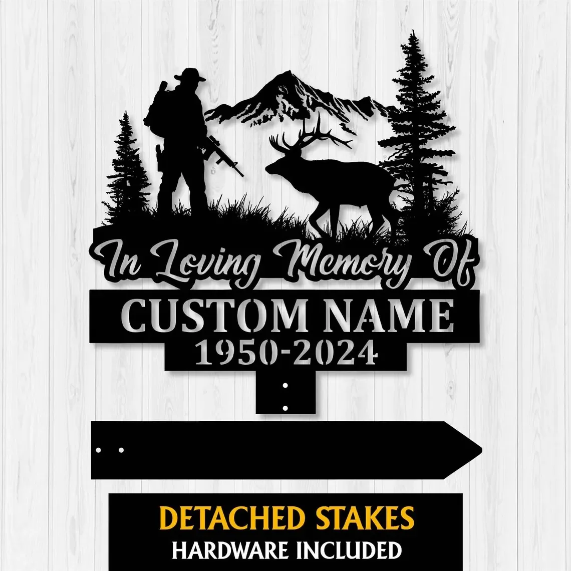 Hunting-12 Black memorial yard stake sign with hunter, elk, mountains, trees, and text “In Loving Memory Of Custom Name 1950-2024”