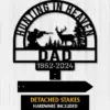 Black metal “Hunting in Heaven Dad 1952-2024” memorial yard stake with hunter, deer, and trees on white wood.