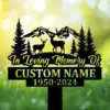 Hunting-5 Black memorial garden stake with deer, mountains, trees, and text In Loving Memory Of Custom Name 1950-2024