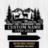 Hunting-6 Black memorial yard sign with deer, mountains, pines, “In Loving Memory Of Custom Name 1950-2024,” on white wood.