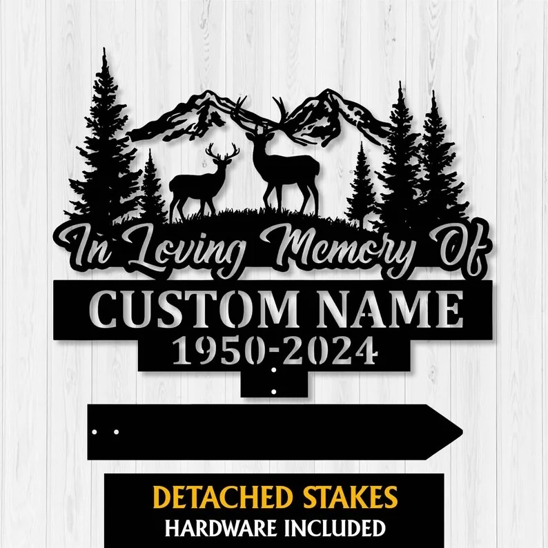 Hunting-6 Black memorial yard sign with deer, mountains, pines, “In Loving Memory Of Custom Name 1950-2024,” on white wood.