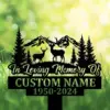 Hunting-7 Black memorial garden stake with deer, mountains, and trees, reading In Loving Memory Of CUSTOM NAME 1950-2024
