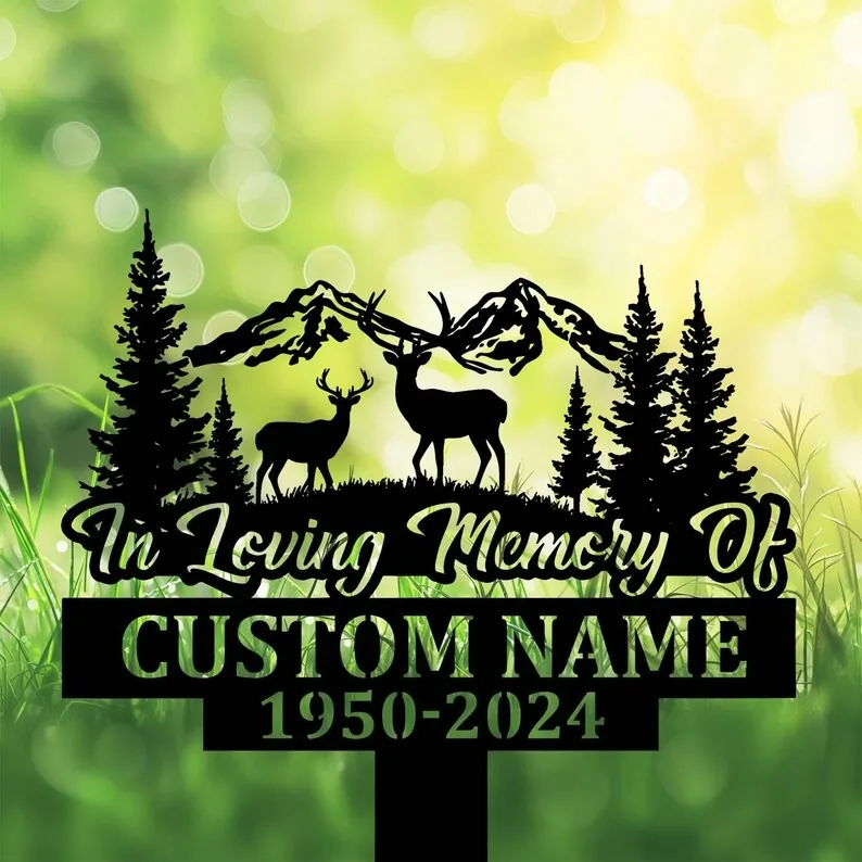 Hunting-7 Black memorial garden stake with deer, mountains, and trees, reading In Loving Memory Of CUSTOM NAME 1950-2024