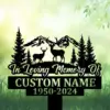Hunting-8 Black memorial yard stake with deer, mountains, and pine trees, reading In Loving Memory Of Custom Name 1950-2024