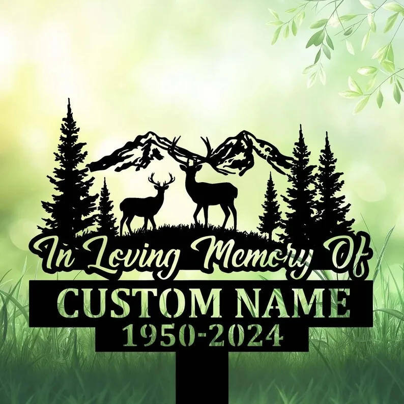 Hunting-8 Black memorial yard stake with deer, mountains, and pine trees, reading In Loving Memory Of Custom Name 1950-2024
