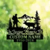 Hunting-9 Black memorial garden stake with hunter, deer, mountains, and text 'In Loving Memory Of Custom Name 1950-2024'.