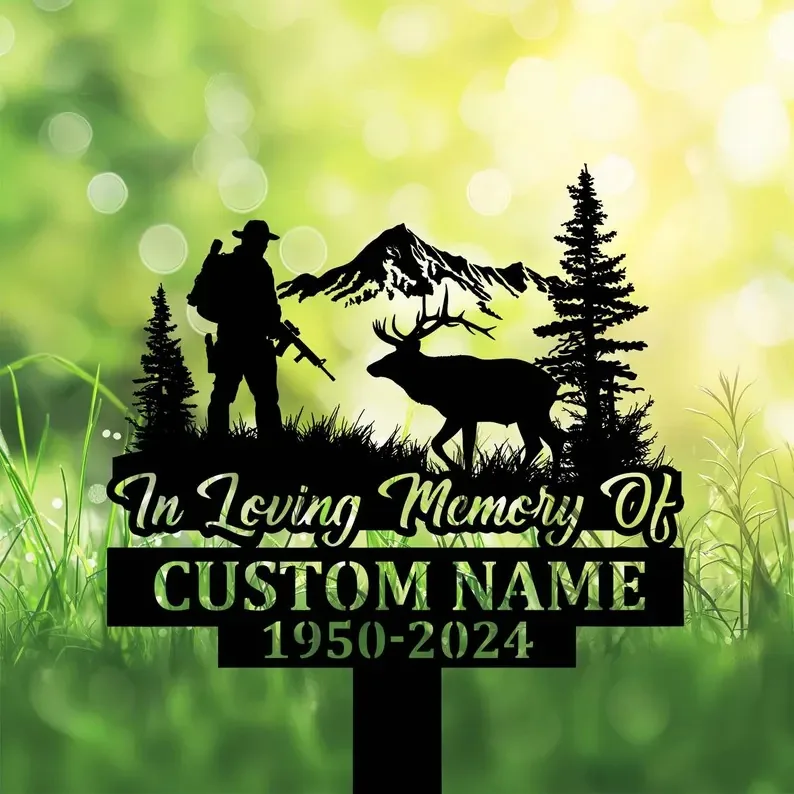 Hunting-9 Black memorial garden stake with hunter, deer, mountains, and text 'In Loving Memory Of Custom Name 1950-2024'.