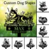 Custom dog shapes featuring a memorial design for a dog named Max, with floral elements and a serene background.