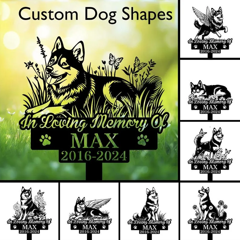 Custom dog shapes featuring a memorial design for a dog named Max, with floral elements and a serene background.