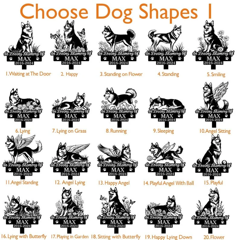 Collage of dog silhouettes with various poses, labeled 'In Loving Memory of Max 2016-2024', showcasing different activities.