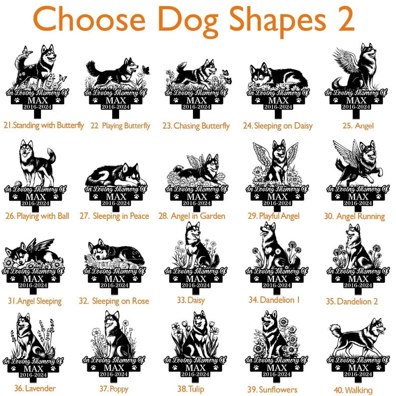 Grid of dog designs with various poses, labeled 'In Loving Memory of Max 2016-2024', featuring flowers and angel themes.