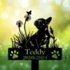 A silhouette of a dog with a sign reading 'Teddy 2010-2024' surrounded by flowers and grass in a soft green background.