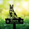 Personalized-German-Shepherd-Waiting-at-Door-1 Black German shepherd memorial garden stake with "Kiara 2010–2024" and paw prints in grass.