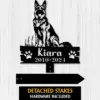 Personalized-German-Shepherd-Waiting-at-Door-2 Black German shepherd memorial garden stake reading "Kiara 2010-2024," with detached stakes and hardware included.