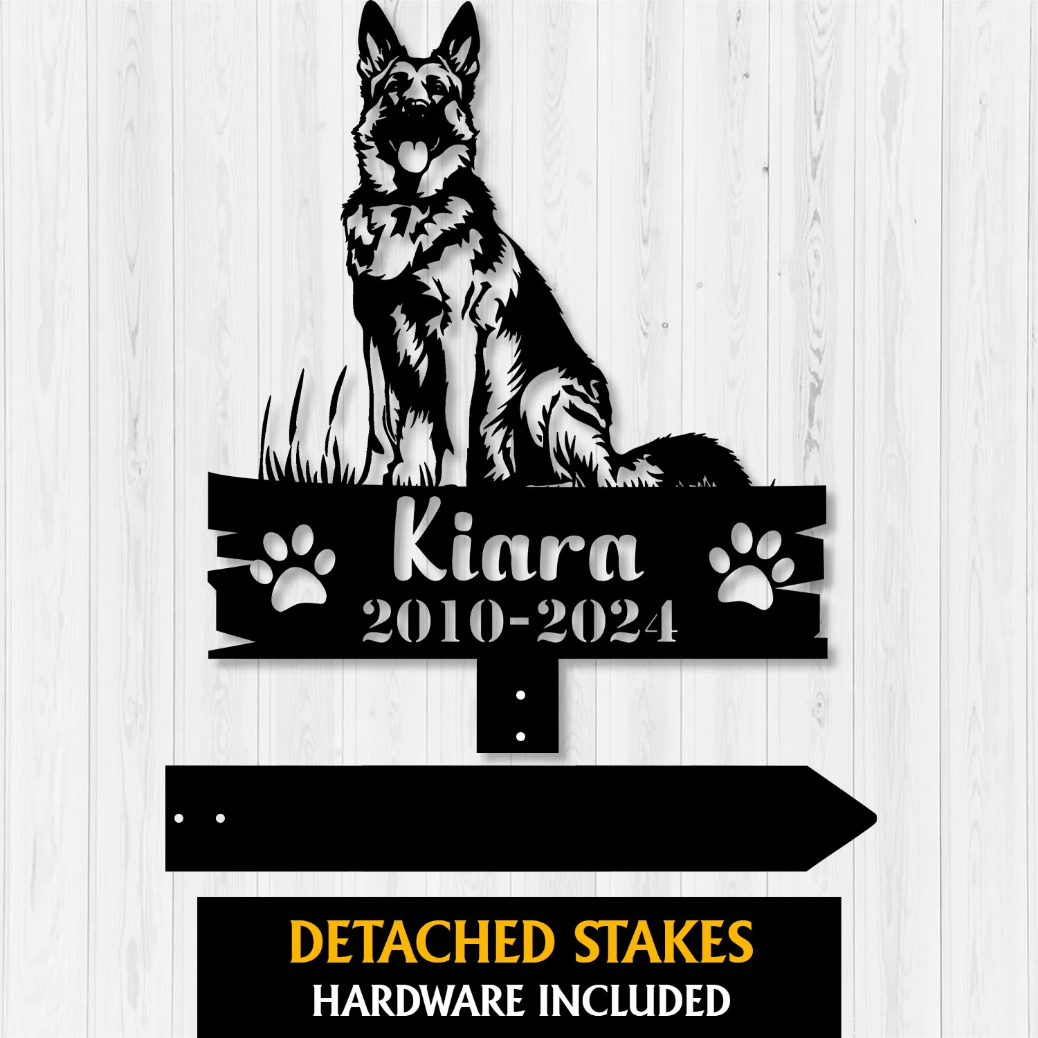 Personalized-German-Shepherd-Waiting-at-Door-2 Black German shepherd memorial garden stake reading "Kiara 2010-2024," with detached stakes and hardware included.