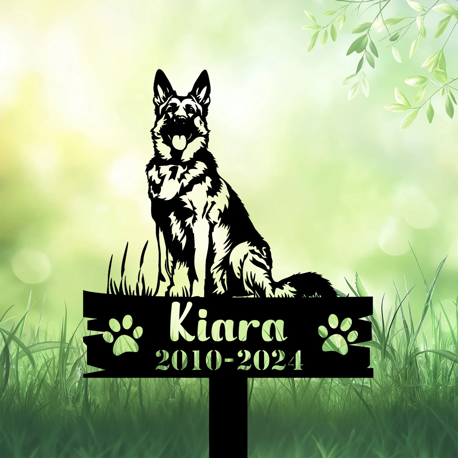 Personalized-German-Shepherd-Waiting-at-Door-3 Black German Shepherd memorial garden stake in grass with paw prints, reading “Kiara 2010–2024”