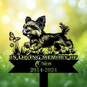 Custom Yorkie Dog Play with Butterfly Memorial Garden Stake