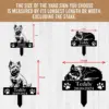 Yard signs with dog illustrations, dimensions labeled, on a wood background. Names and dates displayed.