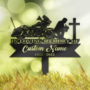 Biker Kneels at Cross Grave Marker Metal Garden Stake – Powder Coat