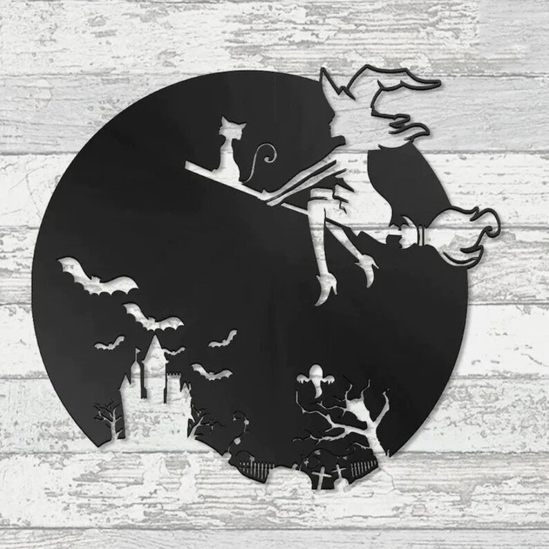 Cat Witch Halloween Metal Wall Art Sign Cat Witch Halloween Metal Wall Art Sign