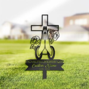 Cross with Praying Hands Memorial Garden Stake, 1.2mm Steel