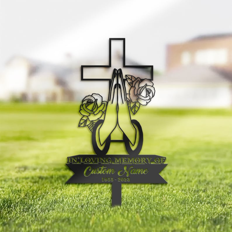 Cross with Praying Hands Memorial Grave Marker Stake
