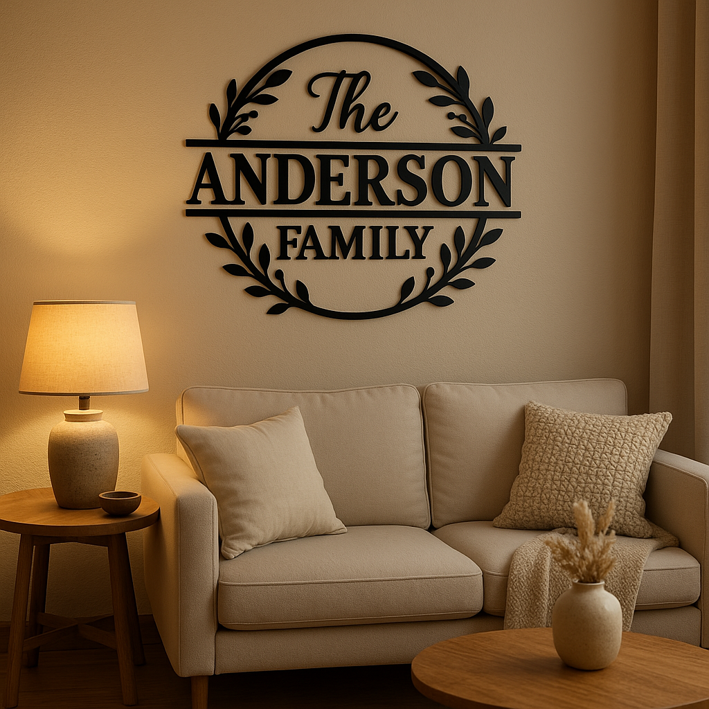 Custom Family Name Signs for a Personal Touch 1 Custom family name metal sign in a cozy living room