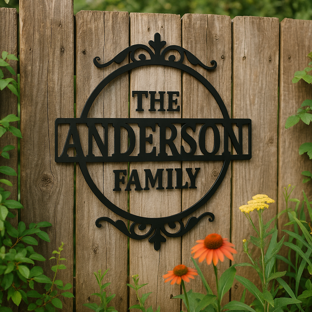 Custom Family Name Signs for a Personal Touch 2 Personalized family name metal sign on a garden fence