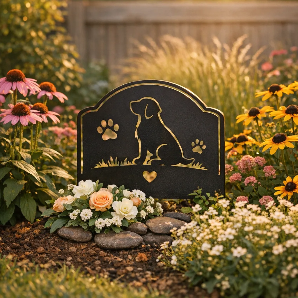 Custom Metal Pet Grave Markers for Every Season 1 Custom metal pet grave markers in a late-summer memorial garden