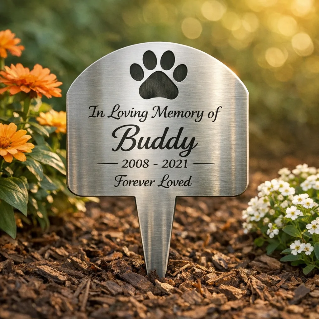 Custom Metal Pet Grave Markers for Every Season 2 Personalized pet memorial metal stake with flowers in a garden bed