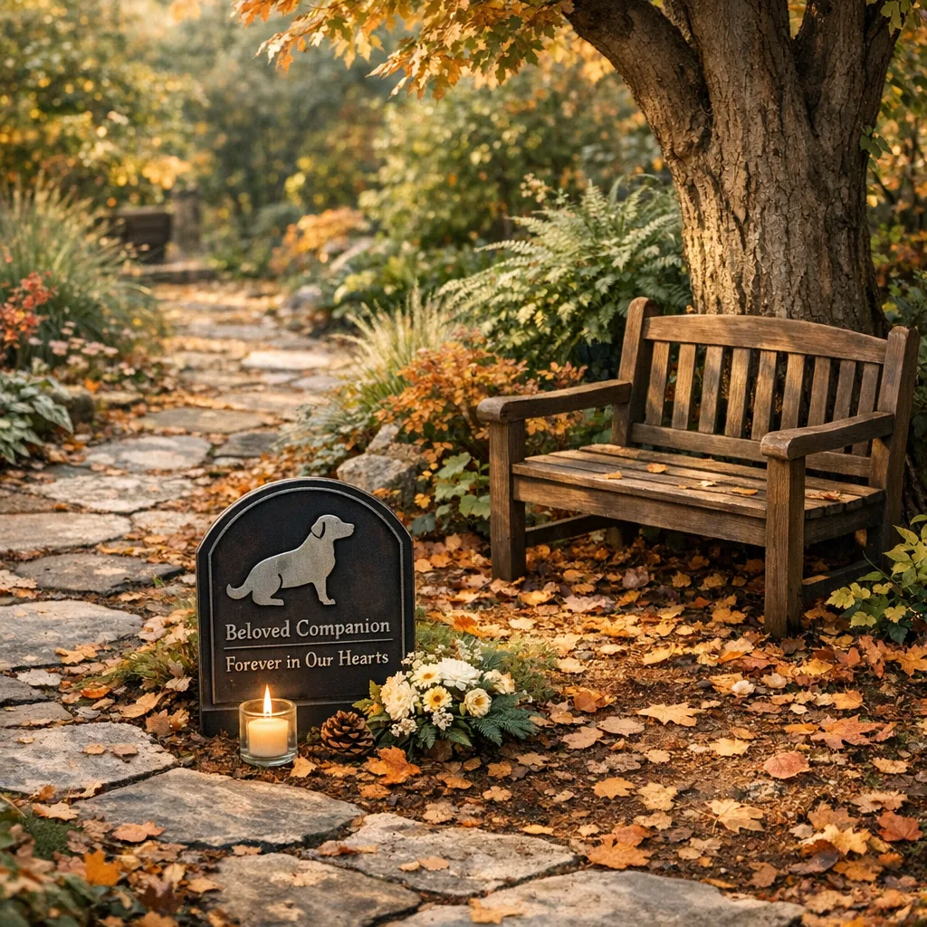 Custom Metal Pet Grave Markers for Every Season 4 Dog grave marker near a shade tree in a seasonal backyard garden