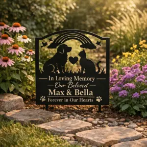 Custom metal pet memorial sign in a garden for a dog or cat tribute