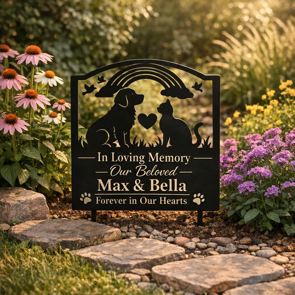 Custom metal pet memorial sign in a garden for a dog or cat tribute