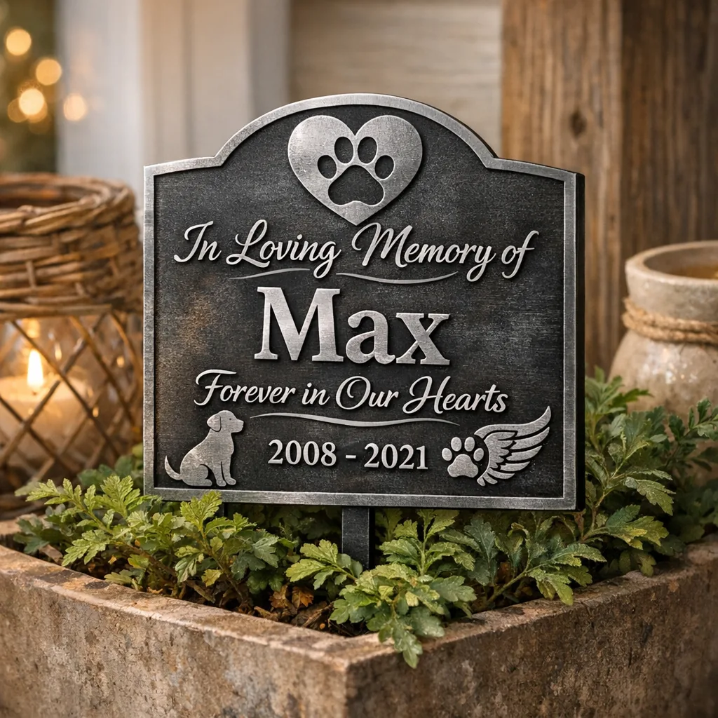 Personalized custom metal pet memorial sign displayed in a porch planter