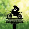 Dirt bike rider memorial yard stake in grass, with text Forever Loved CUSTOM NAME 1960-2024.