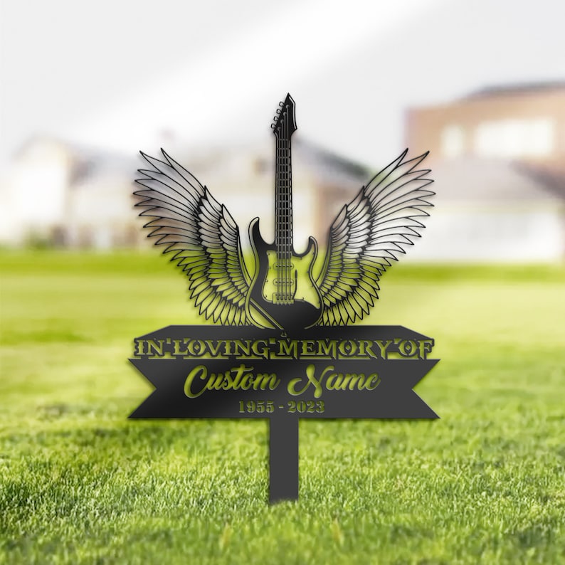 Electric Guitar Angel Wings Grave Marker