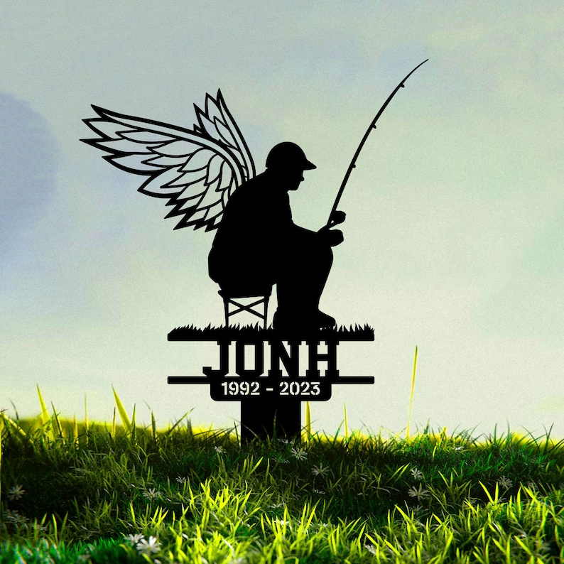 Fisherman With Wings Memorial Grave Marker Stake