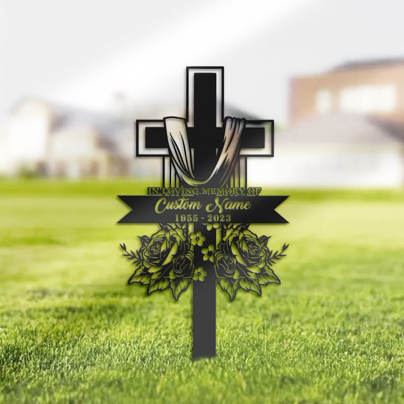 Floral Cross Grave Marker Metal Garden Stake Floral Cross Grave Marker Metal Garden Stake