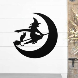 Flying Witch With Cat Metal Sign Halloween Decor