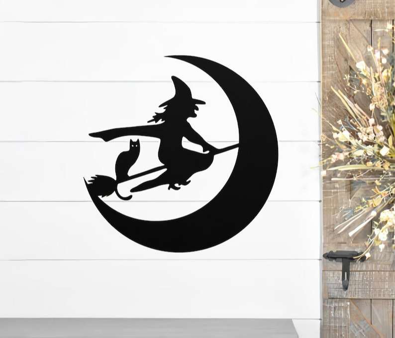 Flying Witch With Cat Metal Sign Halloween Decor