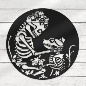 Funny Floral Skeleton With Dog Metal Wall Art