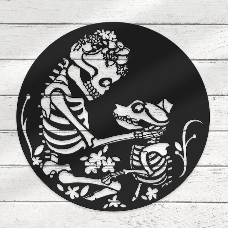 Funny Floral Skeleton With Dog Metal Wall Art