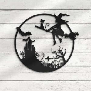 Girl Witch and Cat Metal Sign Halloween Decor