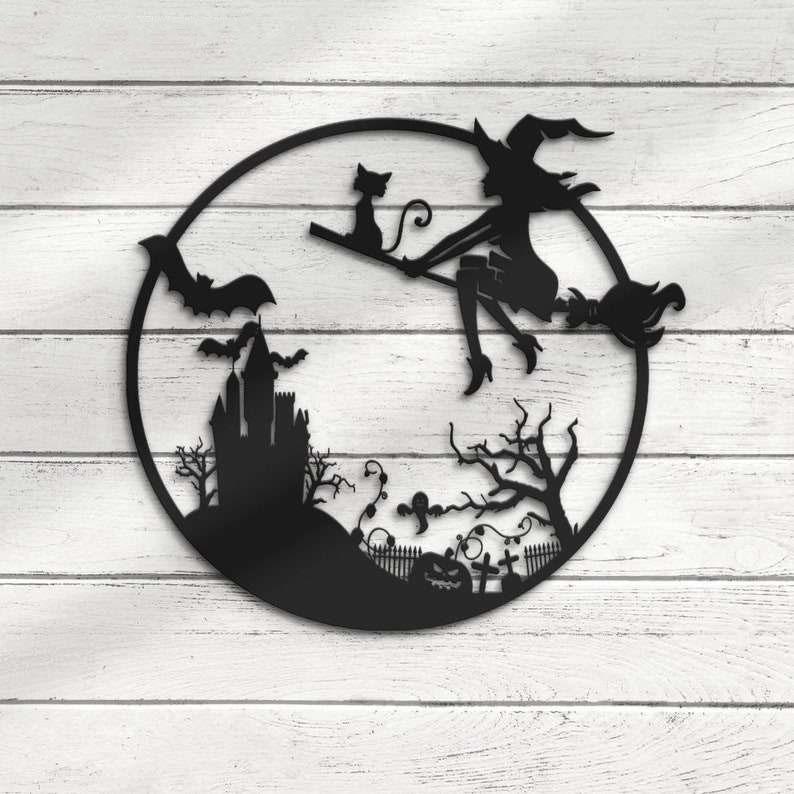 Girl Witch and Cat Metal Sign Halloween Decor