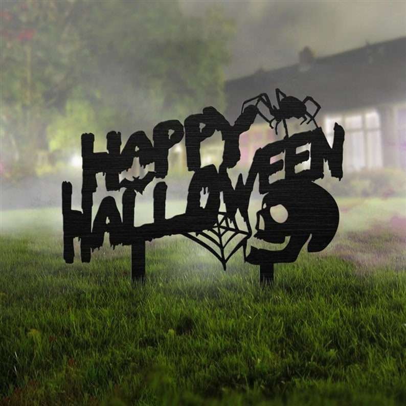 Halloween Skull Spider Metal Yard Stake Sign