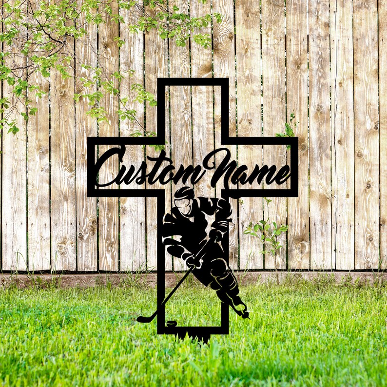 Hockey Player Grave Marker Metal Garden Stake