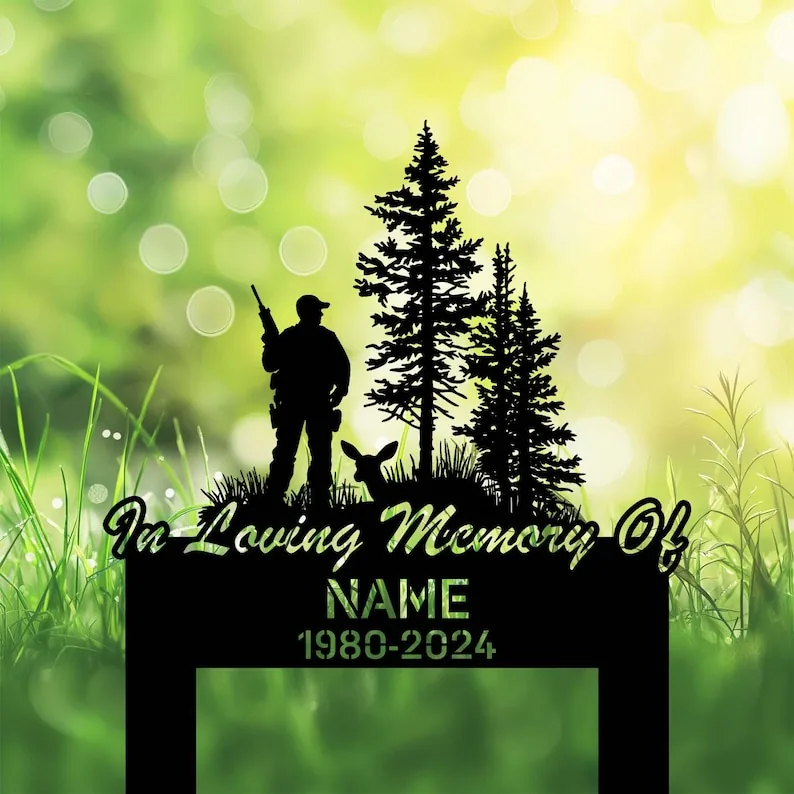il_794xN.6481976511_2qr0 Black memorial garden stake with hunter, dog, pine trees, and text In Loving Memory Of NAME 1980-2024
