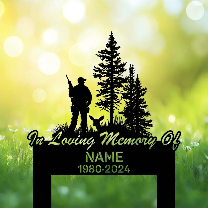 il_794xN.6481976525_ne4v Black memorial garden stake with hunter, dog, pine trees and text In Loving Memory Of NAME 1980-2024