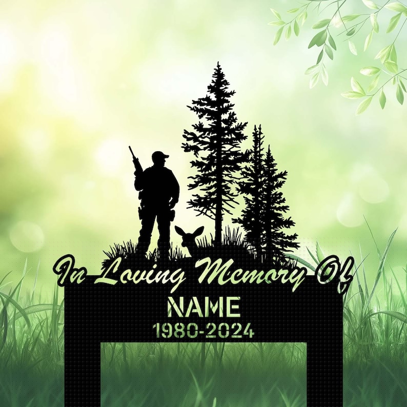 il_794xN.6481976557_cz8g Hunter memorial sign with deer and pine silhouettes, text In Loving Memory Of NAME 1980-2024 on green nature background