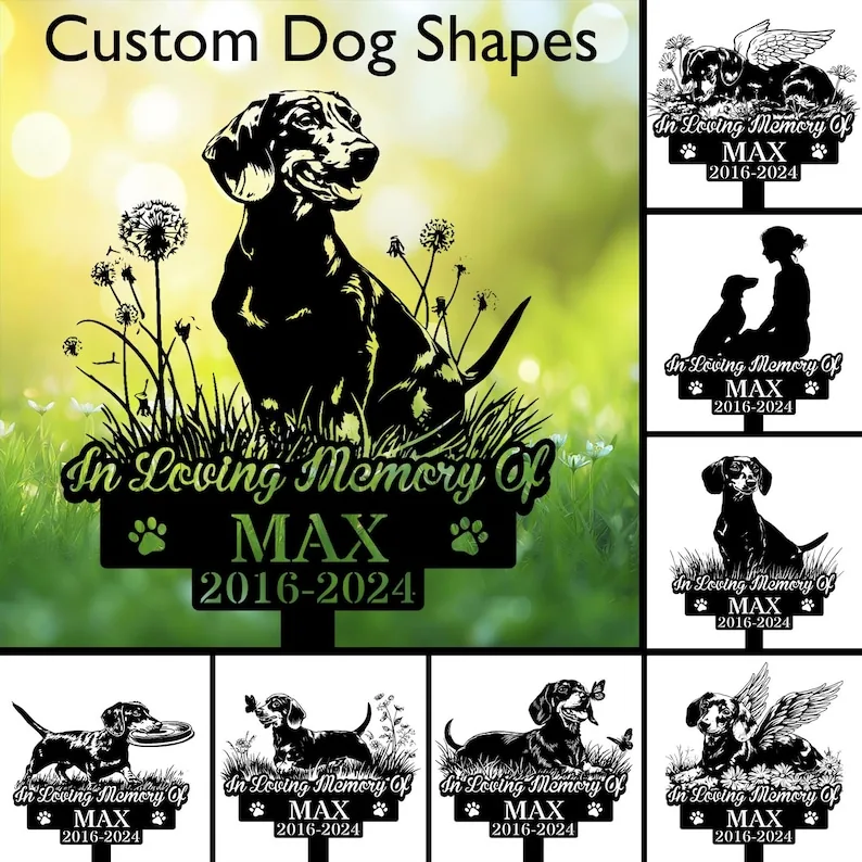 il_794xN.7799851459_jqho Custom dog memorial sign designs with dachshund silhouette and text In Loving Memory of MAX 2016-2024